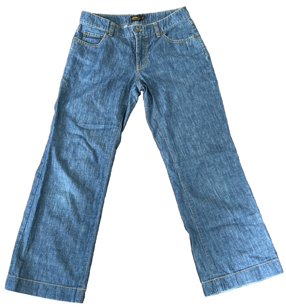 LL Bean Sunwashed Linen Cotton Wide Leg Pants Sz 0 Lightweight Denim Crop 28x26